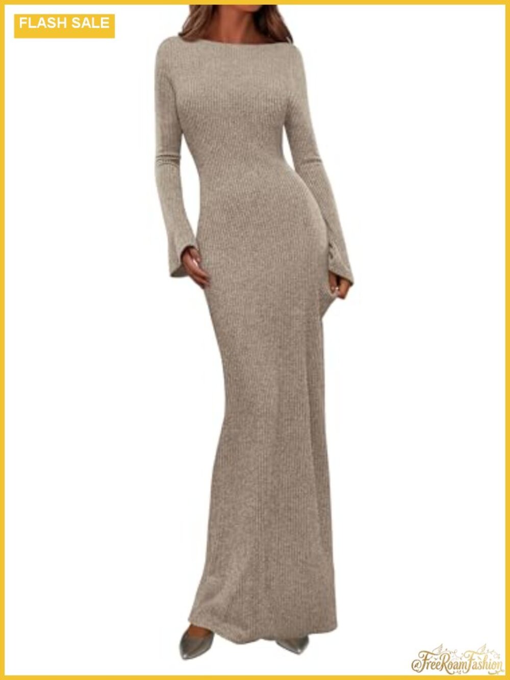 Women's Fall Long Sleeve Bodycon Maxi Dress Ribbed Knit Boat Neck